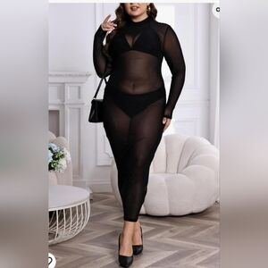 Sheer Plus Black Mesh Long Sleeve Bodycon Maxi Dress